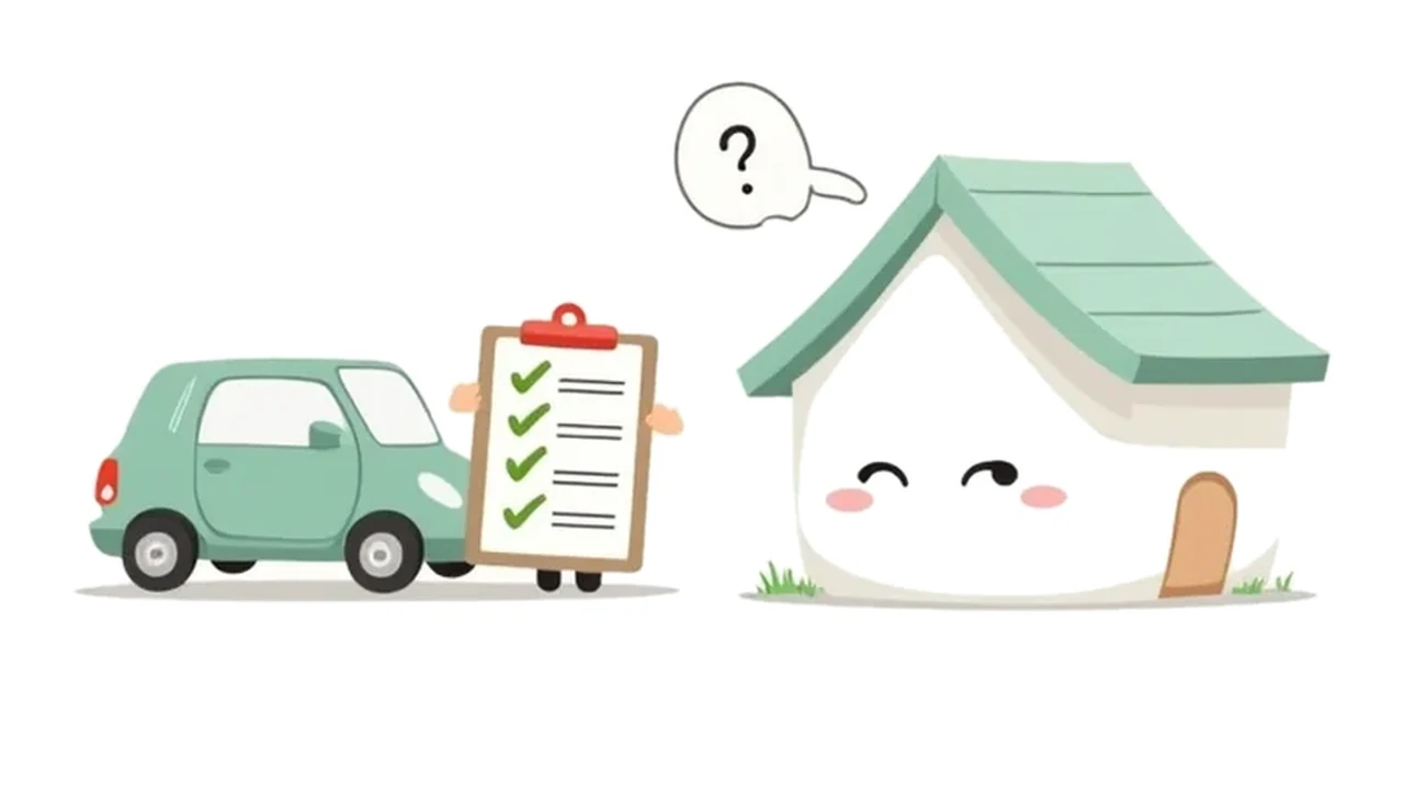 点検のチェックリストを持つ車と、それをうらやましそうに見る家のキャラクター