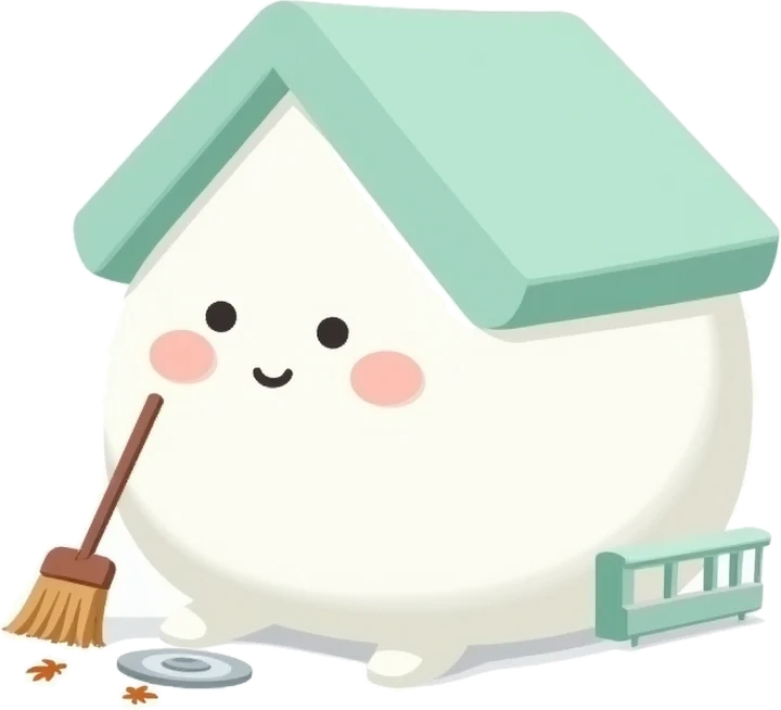 ほうきでベランダの排水口の落ち葉を掃く家のキャラクター